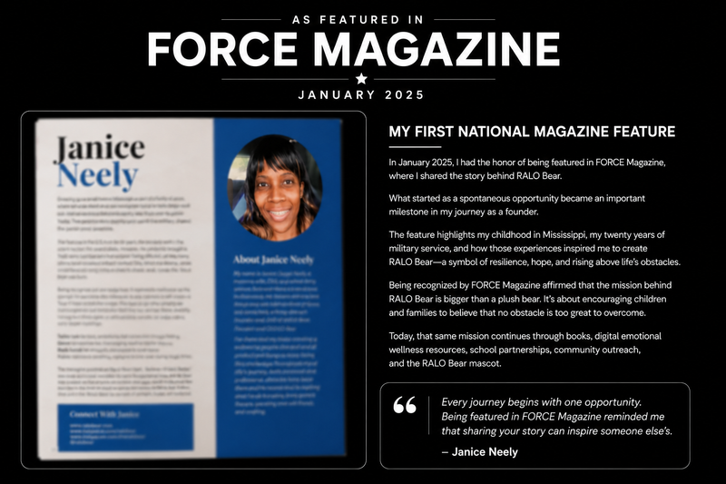 Janice Neely featured in FORCE Magazine in January 2025 sharing the story behind RALO Bear.